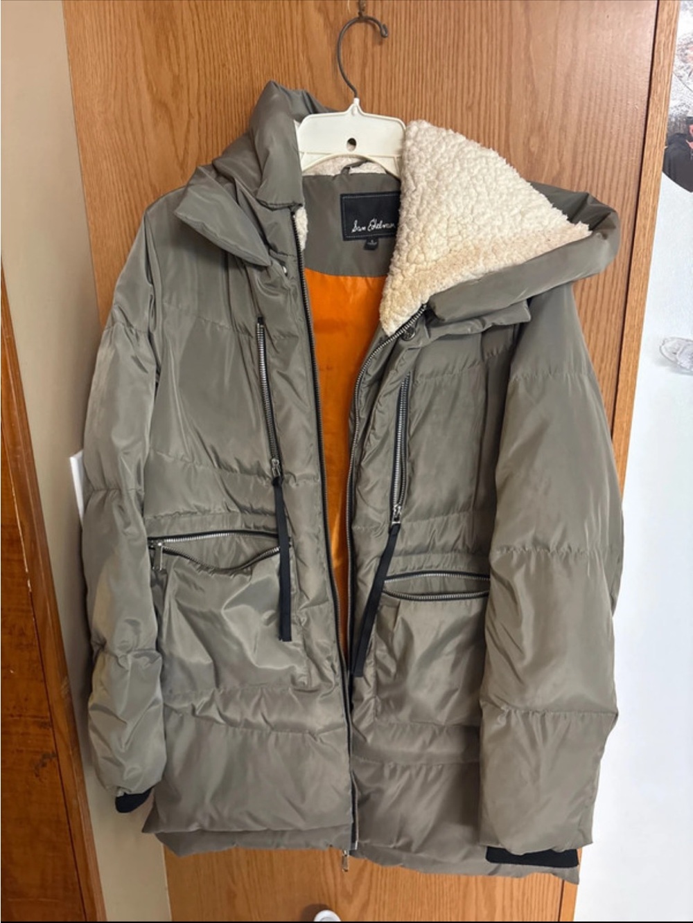 Sam Edelman Olive Puffer Coat with Cream Sherpa Trim